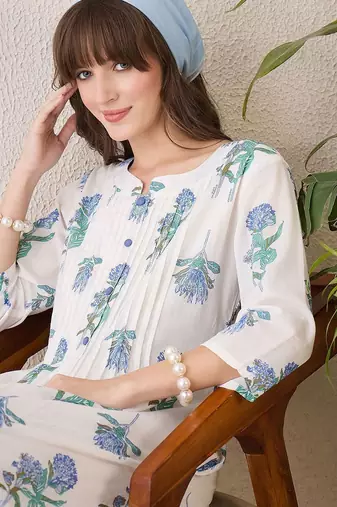 Floral Printed Mandarin Collar Cotton A-Line Kurta With Trousers