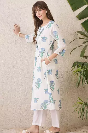 Floral Printed Mandarin Collar Cotton A-Line Kurta With Trousers