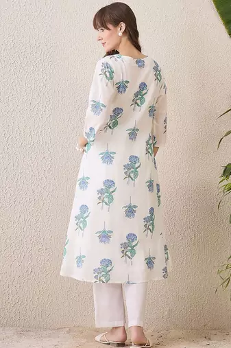 Floral Printed Mandarin Collar Cotton A-Line Kurta With Trousers