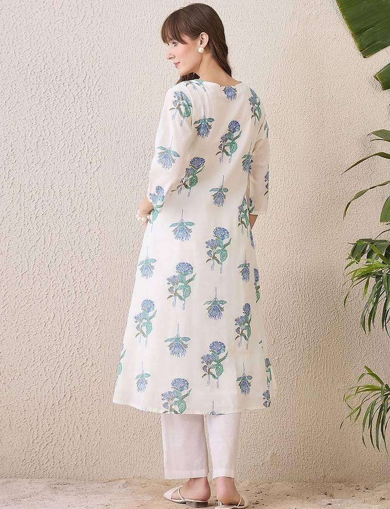 Floral Printed Mandarin Collar Cotton A-Line Kurta With Trousers