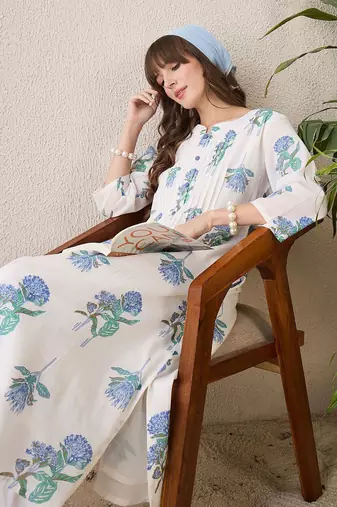 Floral Printed Mandarin Collar Cotton A-Line Kurta With Trousers