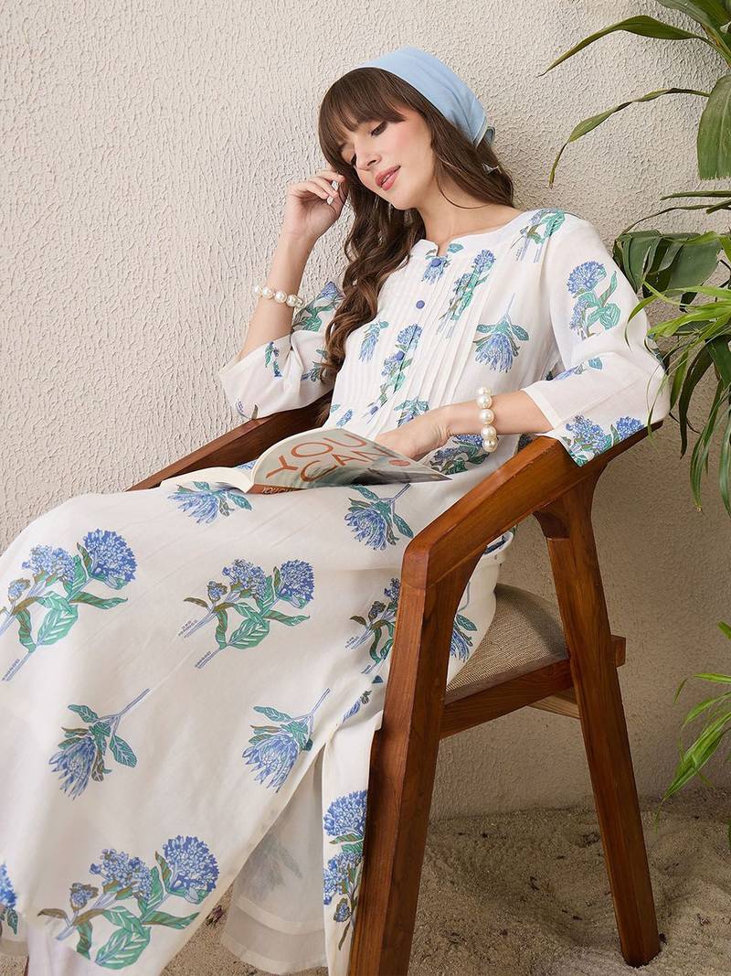 Floral Printed Mandarin Collar Cotton A-Line Kurta With Trousers