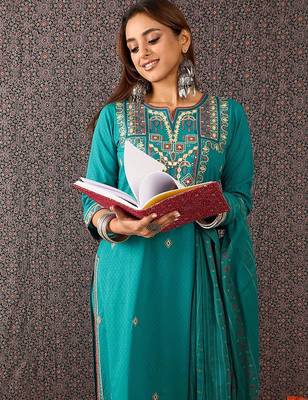 Women Embroidered Straight Kurta Trousers With Dupatta Set 2