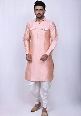 Men's solid pathani kurta and patiala pyjama set - peach 1