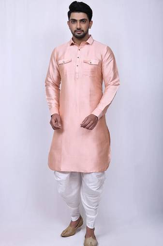 Men's solid pathani kurta and patiala pyjama set - peach