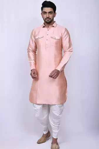 Men's solid pathani kurta and patiala pyjama set - peach