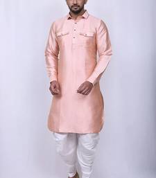 Men's solid pathani kurta and patiala pyjama set - peach