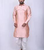 Men's solid pathani kurta and patiala pyjama set - peach