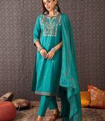 Women Embroidered Straight Kurta Trousers With Dupatta Set