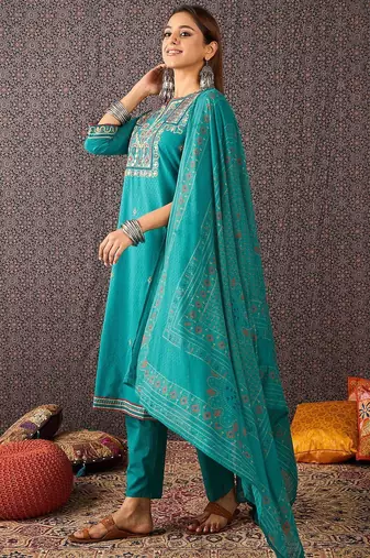 Women Embroidered Straight Kurta Trousers With Dupatta Set