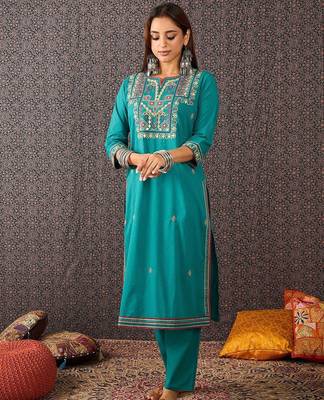 Women Embroidered Straight Kurta Trousers With Dupatta Set 7
