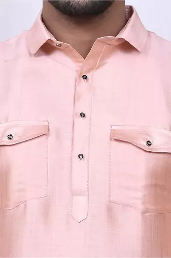 Men's solid pathani kurta and patiala pyjama set - peach
