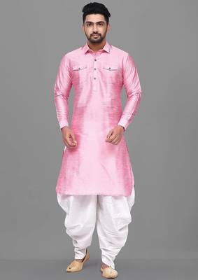 Men's solid pathani kurta and patiala pyjama set - pink 1