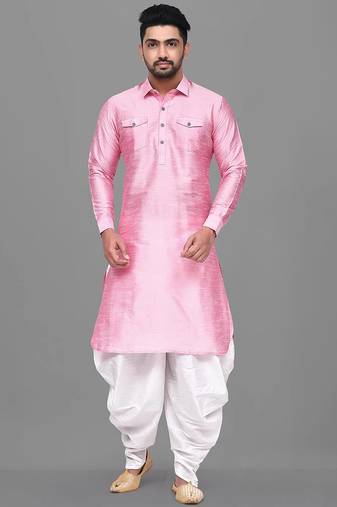 Men's solid pathani kurta and patiala pyjama set - pink