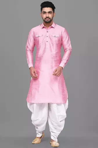 Men's solid pathani kurta and patiala pyjama set - pink