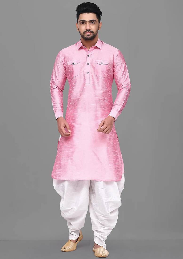Men's solid pathani kurta and patiala pyjama set - pink