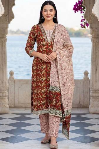 Women Ethnic Motifs Printed Mirror Work Cotton Kurta with Trousers & With Dupatta