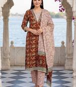 Women Ethnic Motifs Printed Mirror Work Cotton Kurta with Trousers & With Dupatta