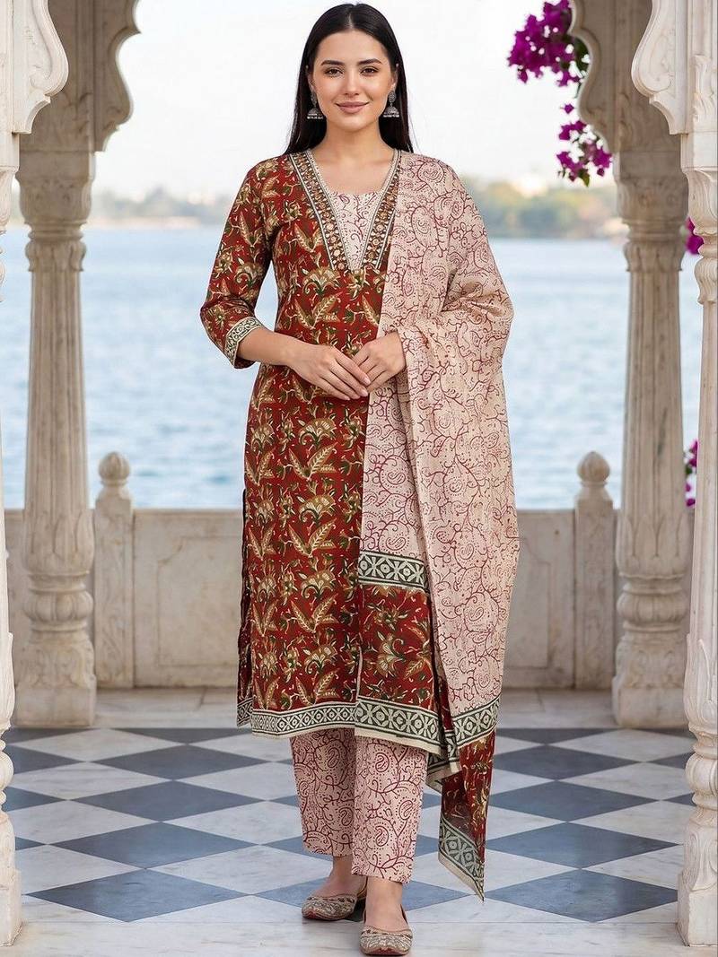 Women Ethnic Motifs Printed Mirror Work Cotton Kurta with Trousers & With Dupatta