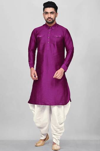 Men's solid pathani kurta and patiala pyjama set - purple