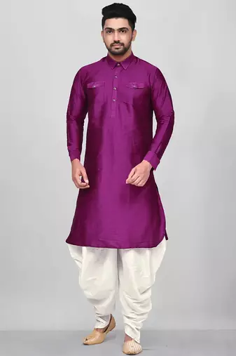 Men's solid pathani kurta and patiala pyjama set - purple
