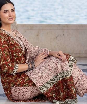Women Ethnic Motifs Printed Mirror Work Cotton Kurta with Trousers & With Dupatta 2