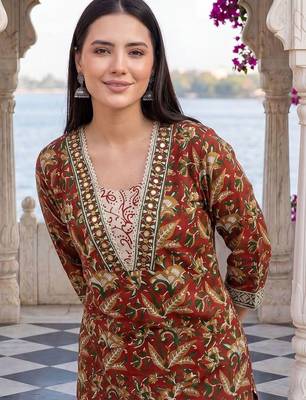 Women Ethnic Motifs Printed Mirror Work Cotton Kurta with Trousers & With Dupatta 3