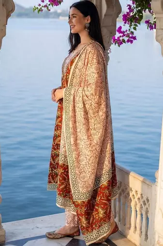 Women Ethnic Motifs Printed Mirror Work Cotton Kurta with Trousers & With Dupatta