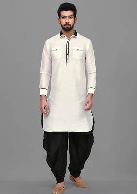 Men's solid pathani kurta and patiala pyjama set - off white 1