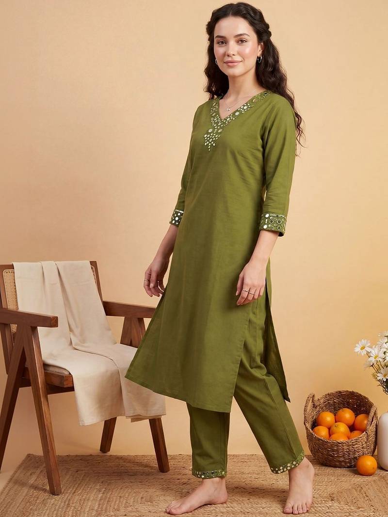 Women Mirror Work Kurta with Trousers