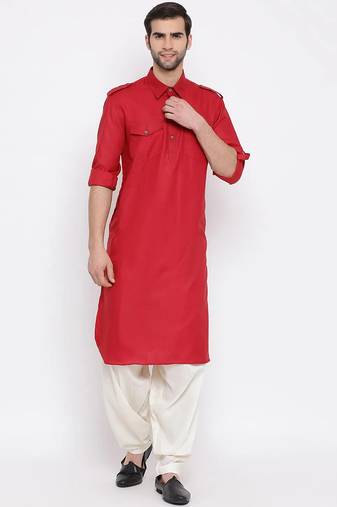 Men's solid pathani kurta and patiala pyjama set - maroon