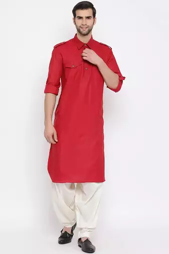 Men's solid pathani kurta and patiala pyjama set - maroon