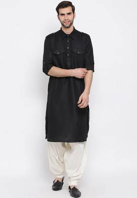 Men's solid pathani kurta and patiala pyjama set - black 1
