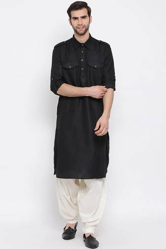 Men's solid pathani kurta and patiala pyjama set - black