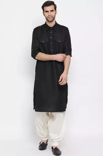 Men's solid pathani kurta and patiala pyjama set - black