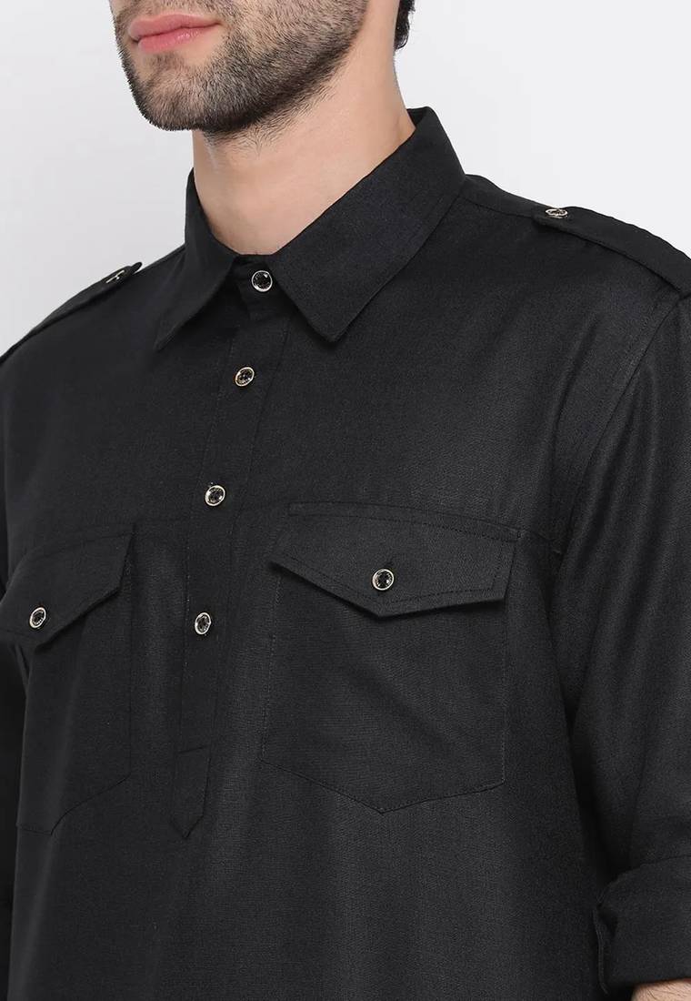 Men's solid pathani kurta and patiala pyjama set - black