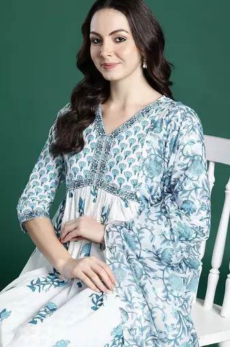 Floral Printed Empire Cotton Kurta with Trousers & Dupatta