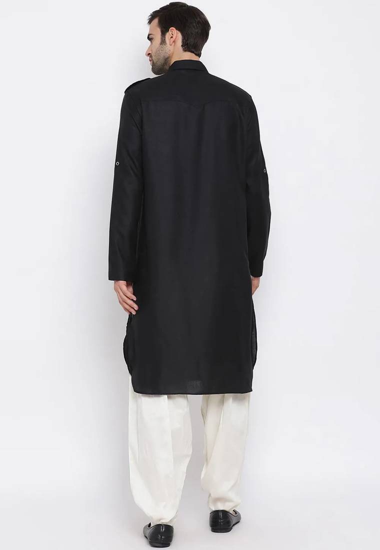 Men's solid pathani kurta and patiala pyjama set - black