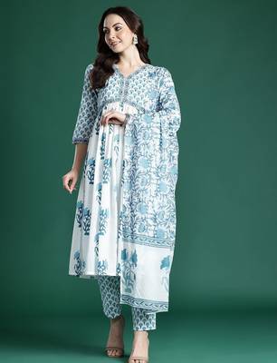 Floral Printed Empire Cotton Kurta with Trousers & Dupatta 1