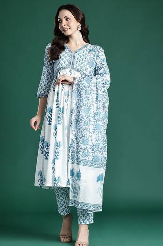 Floral Printed Empire Cotton Kurta with Trousers & Dupatta