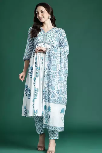 Floral Printed Empire Cotton Kurta with Trousers & Dupatta