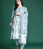 Floral Printed Empire Cotton Kurta with Trousers & Dupatta