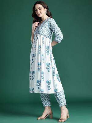 Floral Printed Empire Cotton Kurta with Trousers & Dupatta 6