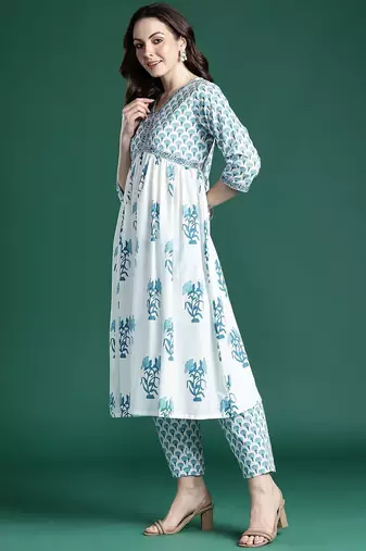 Floral Printed Empire Cotton Kurta with Trousers & Dupatta