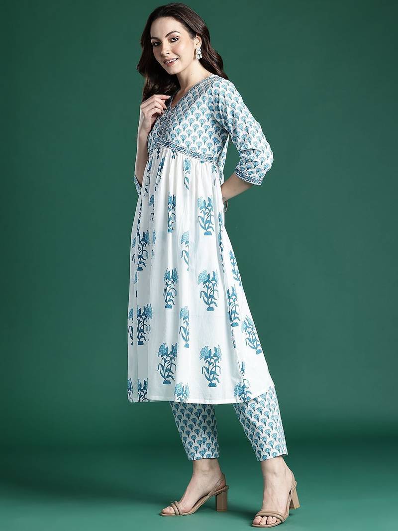 Floral Printed Empire Cotton Kurta with Trousers & Dupatta