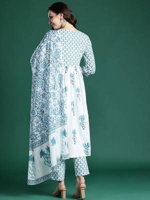 Floral Printed Empire Cotton Kurta with Trousers & Dupatta 7