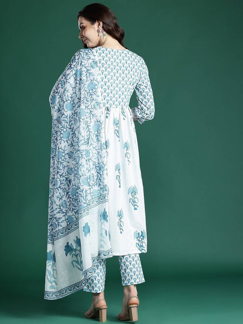 Floral Printed Empire Cotton Kurta with Trousers & Dupatta