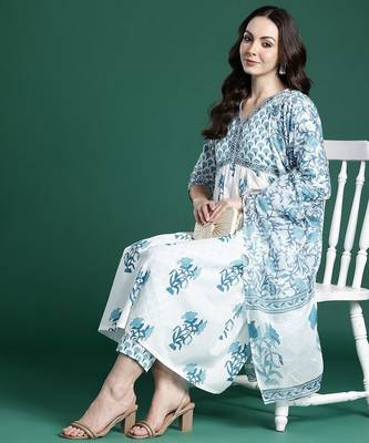 Floral Printed Empire Cotton Kurta with Trousers & Dupatta 8