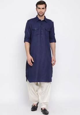 Men's solid pathani kurta and patiala pyjama set - navy blue 1