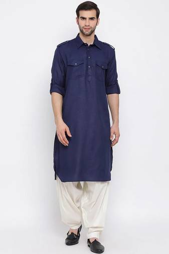 Men's solid pathani kurta and patiala pyjama set - navy blue